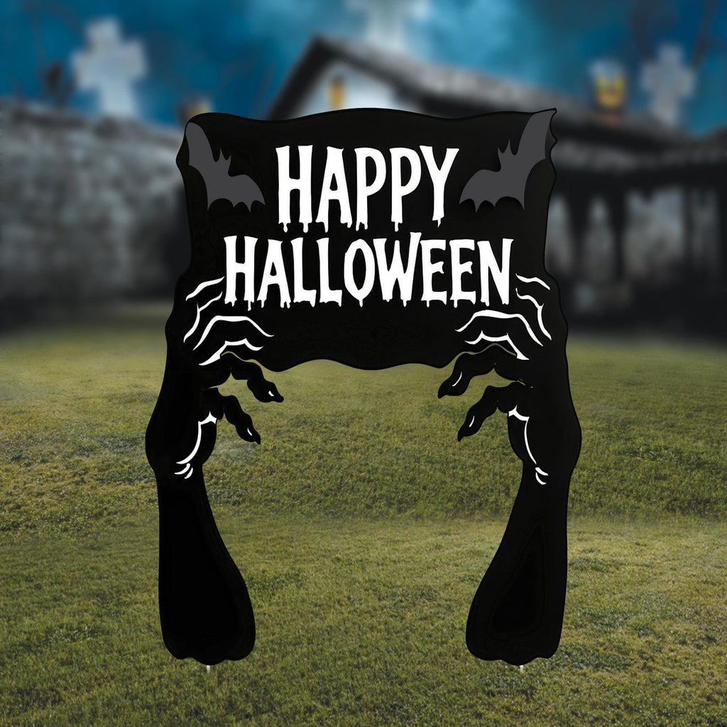 Happy Halloween Yard Sign, Scary Black Hand Silhouette Stake, Spooky Garden Decoration, Outdoor Halloween Lawn Decor with Creepy Bat Design