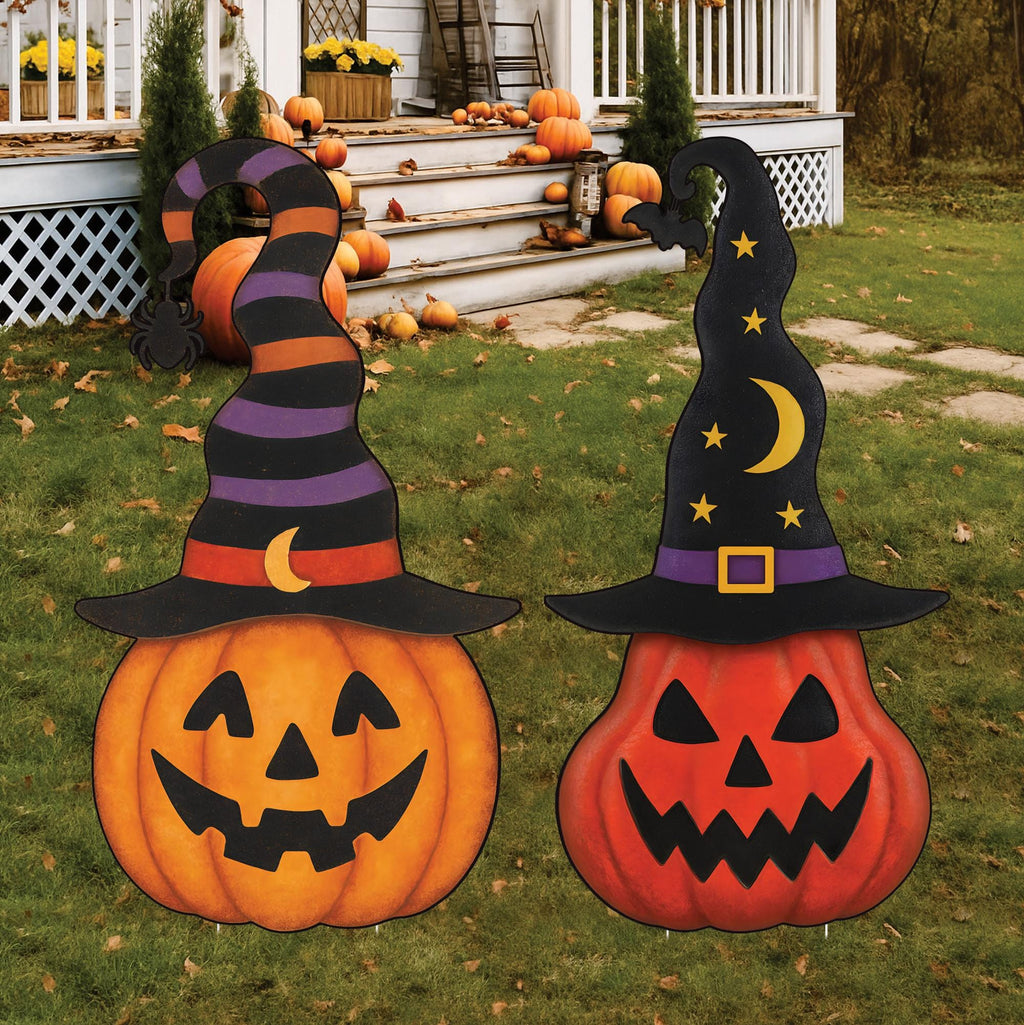Pumpkin Garden Stakes for Halloween, Jack-o-Lantern Yard Signs with Witch Hats, Outdoor Halloween Lawn Decor for Patio, Garden Party Display