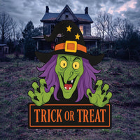 Trick or Treat Witch Yard Sign, Halloween Garden Stakes for Outdoor Decor, Green Witch Lawn Decoration, Spooky Porch Party Display