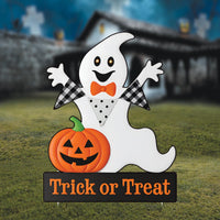 Trick or Treat Ghost Yard Sign, White Ghost Halloween Decoration with Pumpkin, Outdoor Lawn Stakes for Garden Halloween Party Decor