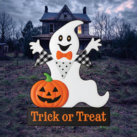 Trick or Treat Ghost Yard Sign, White Ghost Halloween Decoration with Pumpkin, Outdoor Lawn Stakes for Garden Halloween Party Decor