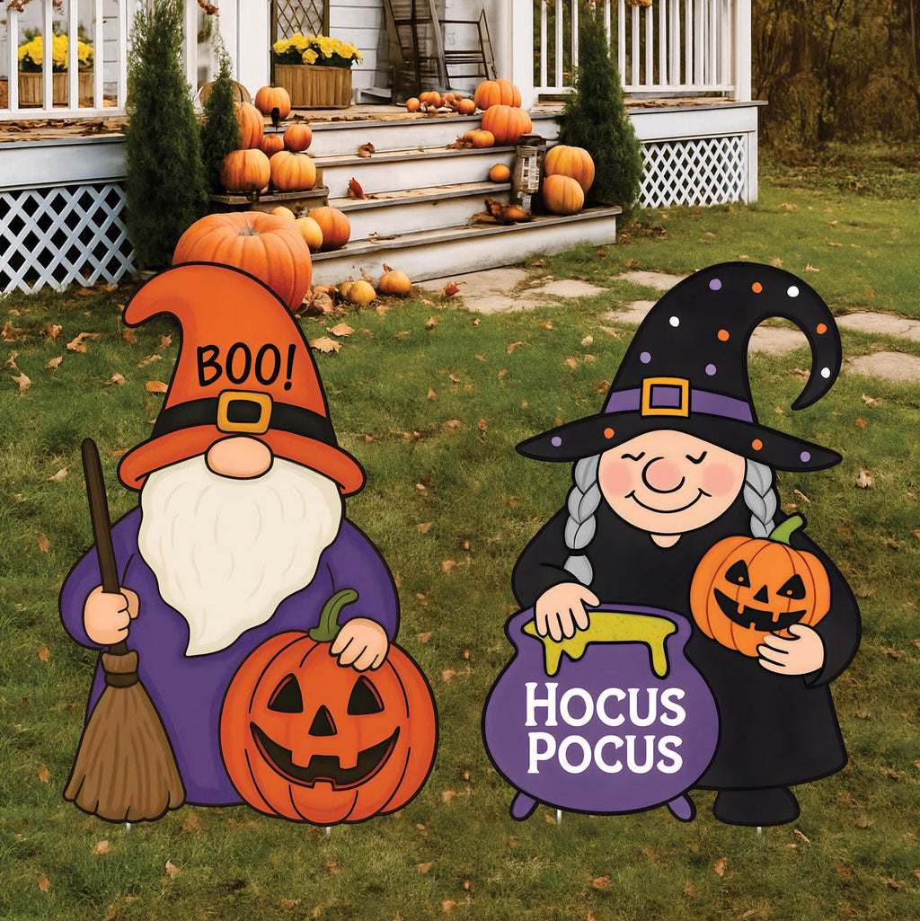 Hocus Pocus Gnome Yard Signs, Halloween Gnome Couple with Pumpkins and Witch Hats, Outdoor Lawn Stakes for Garden Party Decor