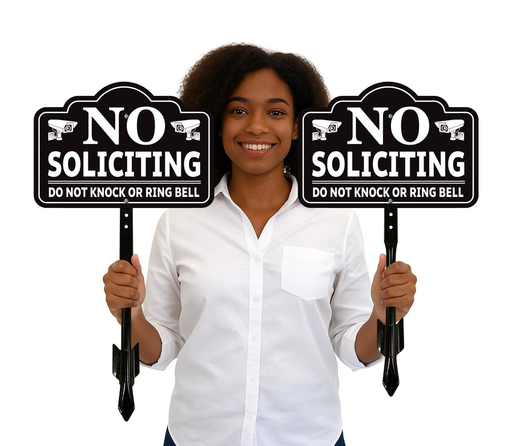 2 Pack No Soliciting Yard Sign with 16" Stake, Rust-Free Aluminum No Solicitors Warning Sign, Outdoor Home Privacy and Security Lawn Sign