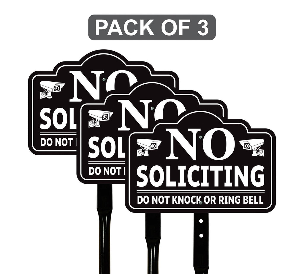 3 Pack No Soliciting Yard Sign with 16" Stake, Rust-Free Aluminum No Solicitors Warning Sign, Outdoor Home Privacy and Security Lawn Sign
