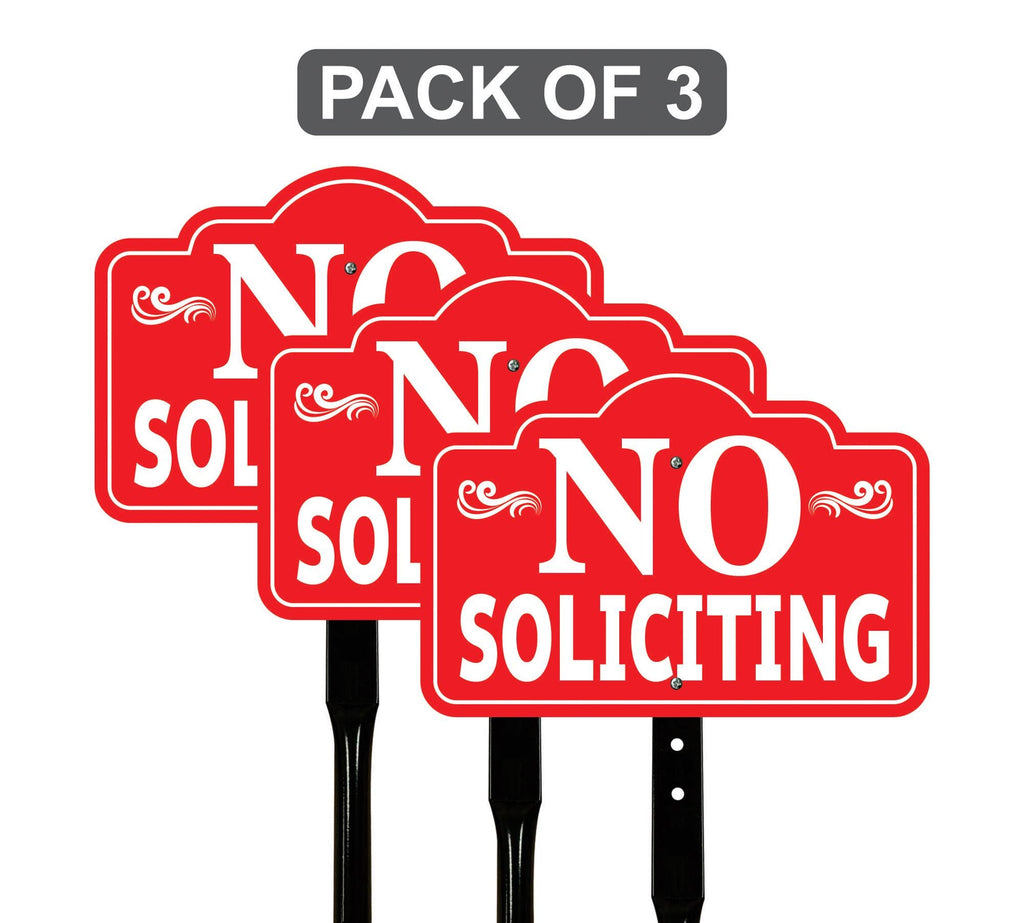 3 Pack Red No Soliciting Yard Sign with 16" Stake, Rust-Free Aluminum No Soliciting Sign for House, Outdoor Home Privacy Lawn Garden Decor