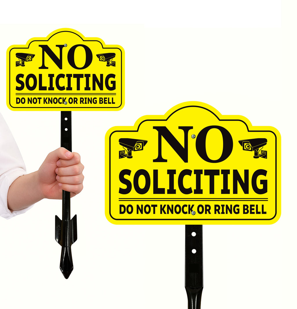 3-Pack No Soliciting Yard Sign with 16" Stake, Bold Yellow Do Not Knock or Ring Bell Sign, Rust-Free Aluminum Security Warning for Home Lawn
