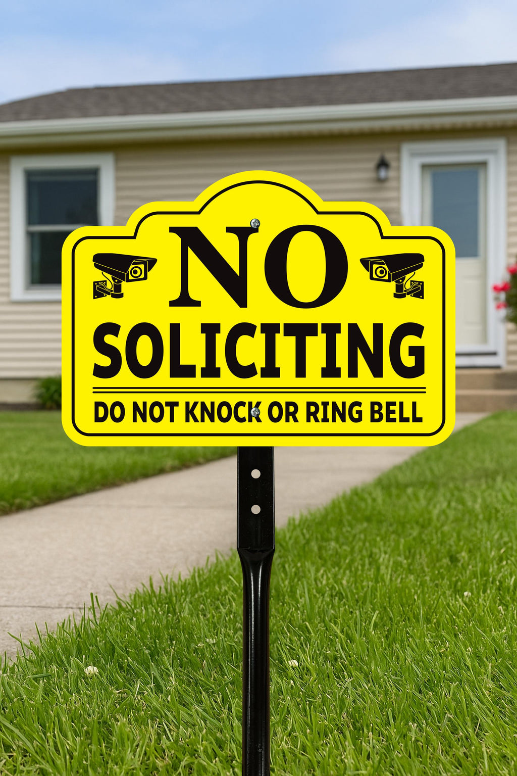 No Soliciting Yard Sign with 16" Stake, Bold Yellow Do Not Knock or Ring Bell Sign, Rust-Free Aluminum Security Warning for Home & Lawn