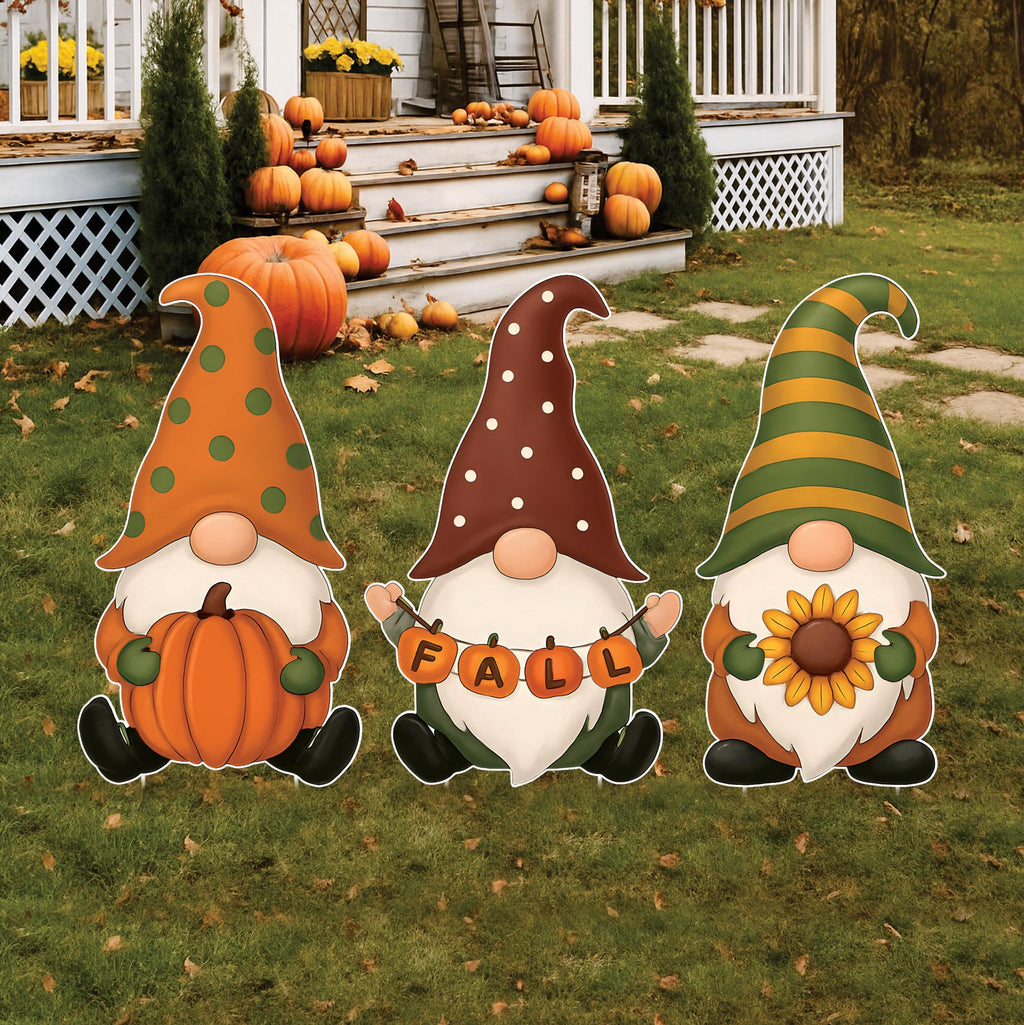 Fall Gnome Yard Signs Set of 3, Thanksgiving Garden Stakes with Pumpkin and Sunflower, Autumn Outdoor Gnome Decor for Lawn and Porch