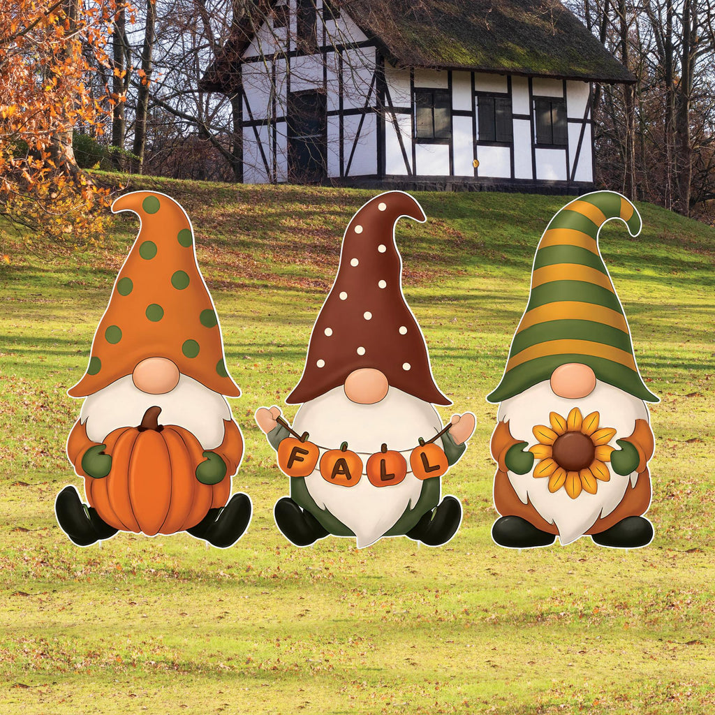 Fall Gnome Yard Signs Set of 3, Thanksgiving Garden Stakes with Pumpkin and Sunflower, Autumn Outdoor Gnome Decor for Lawn and Porch