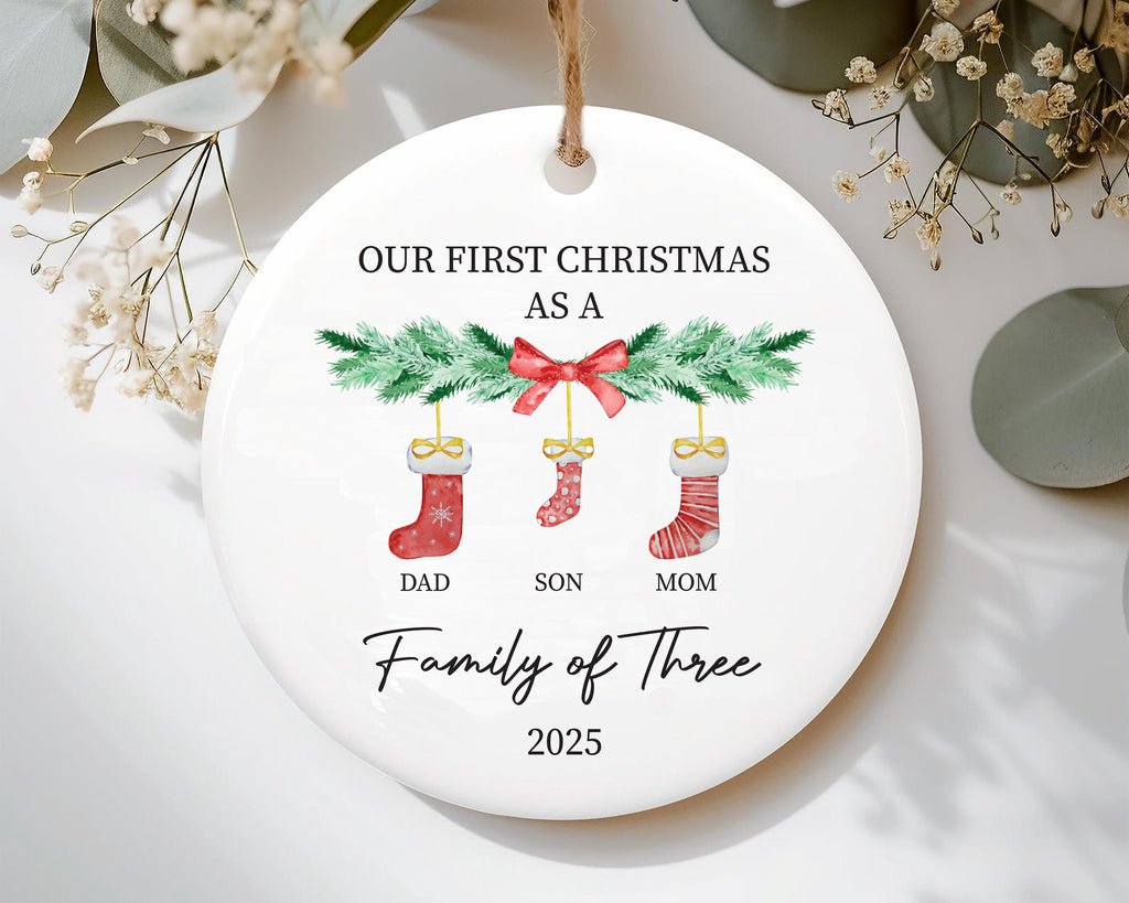 Family Of Three Christmas Ornament, Personalized Baby's First Christmas Ceramic Ornament, Custom New Family Ornament, Name Initial Gift
