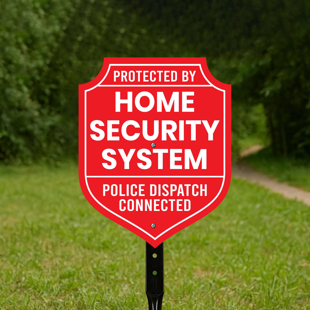 Protected by Home Security System Yard Sign with 16" Stake, Shield Shape Rust-Free Aluminum Warning Sign, UV Protected Outdoor Alarm Sign