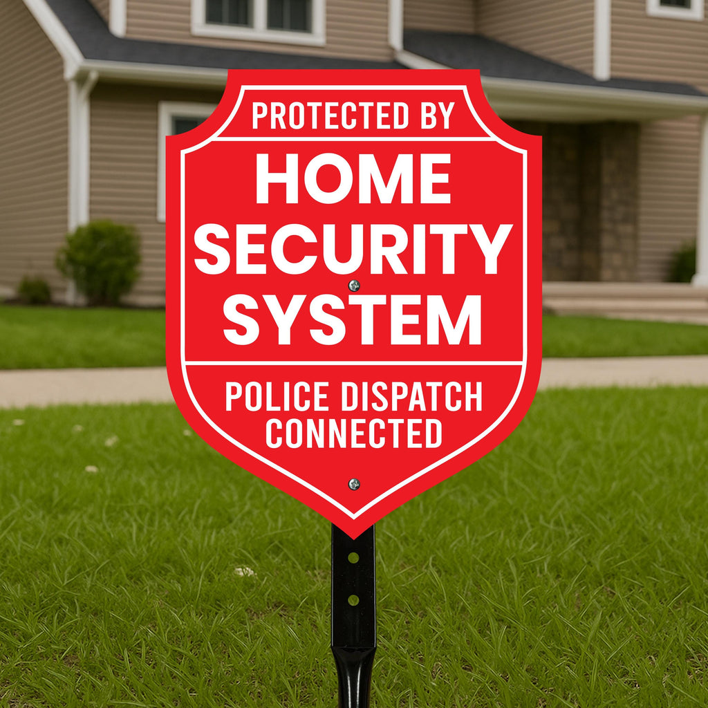 Protected by Home Security System Yard Sign with 16" Stake, Shield Shape Rust-Free Aluminum Warning Sign, UV Protected Outdoor Alarm Sign