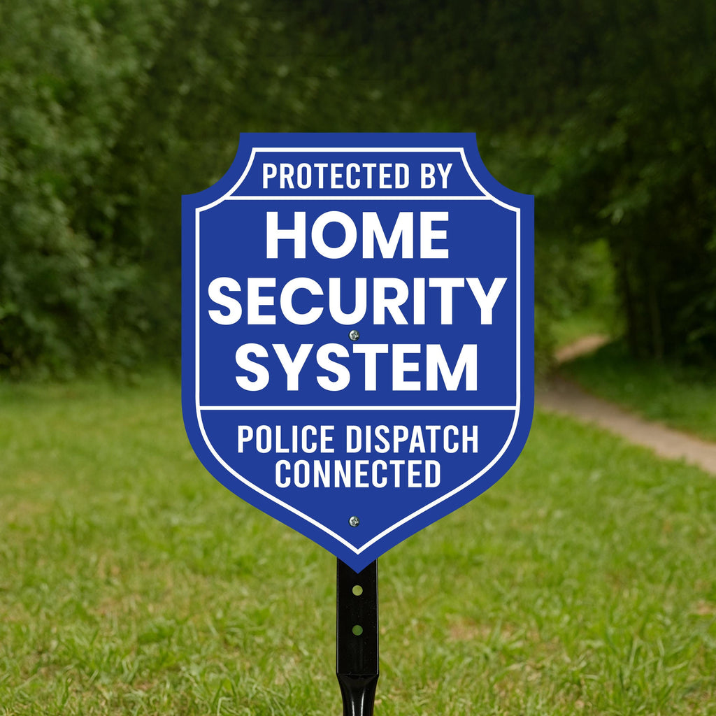 Protected by Home Security System Yard Sign with 16" Stake, Shield Shape Rust-Free Aluminum Warning Sign, UV Protected Outdoor Alarm Sign