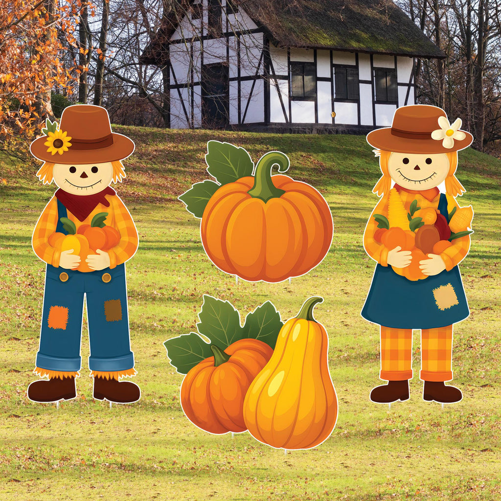 Scarecrow Couple Fall Yard Sign Set, Thanksgiving Pumpkin Lawn Decorations, Autumn Outdoor Decor with Gourds and Harvest Props for Garden