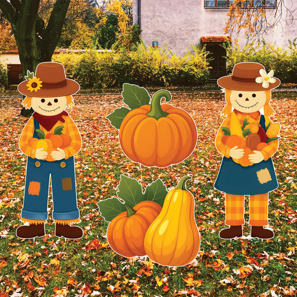 Scarecrow Couple Fall Yard Sign Set, Thanksgiving Pumpkin Lawn Decorations, Autumn Outdoor Decor with Gourds and Harvest Props for Garden