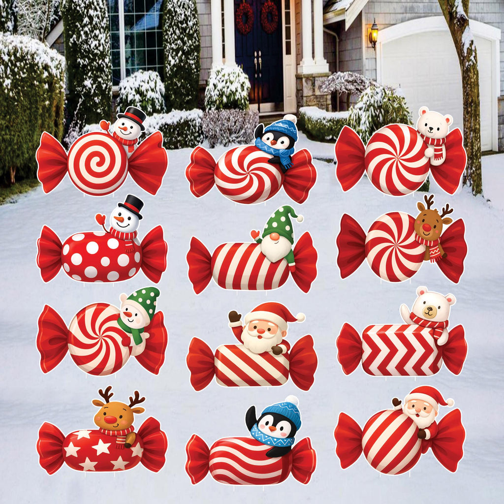 Christmas Candy Yard Signs, Santa Reindeer Penguin Bear Lawn Decorations with Stakes, Waterproof Outdoor Holiday Garden Patio Xmas Décor
