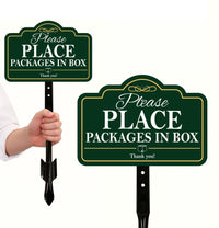 2 Pack Package Deliveries Yard Sign with 16" Stake, Rust-Free Aluminum Please Place Packages in Box Sign, Outdoor Instruction Lawn Marker