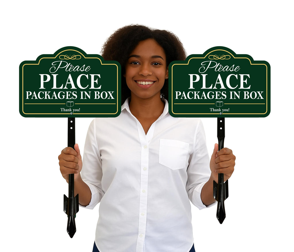 2 Pack Package Deliveries Yard Sign with 16" Stake, Rust-Free Aluminum Please Place Packages in Box Sign, Outdoor Instruction Lawn Marker