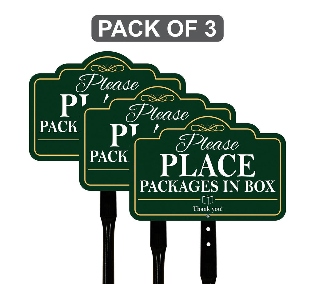 3 Pack Package Deliveries Yard Sign with 16" Stake, Rust-Free Aluminum Please Place Packages in Box Sign, Outdoor Instruction Lawn Marker
