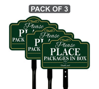 3 Pack Package Deliveries Yard Sign with 16" Stake, Rust-Free Aluminum Please Place Packages in Box Sign, Outdoor Instruction Lawn Marker