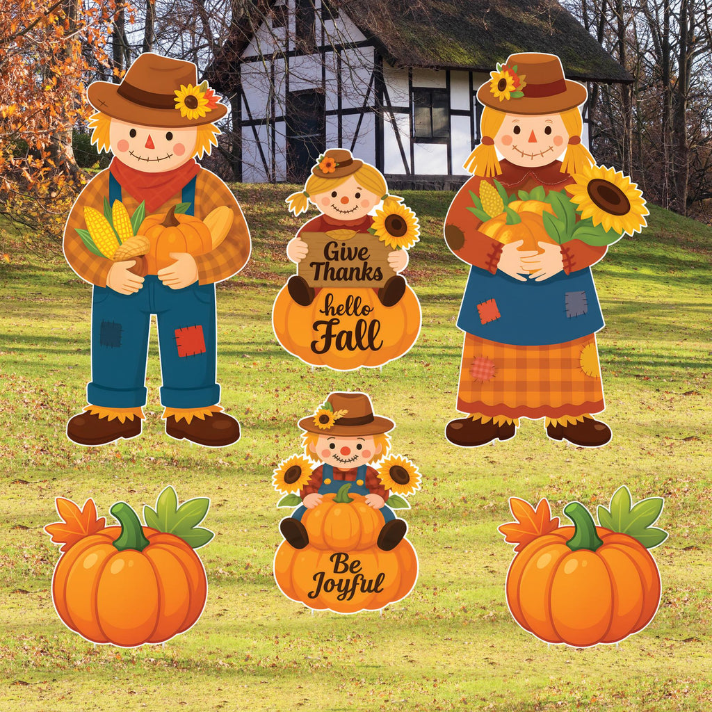Scarecrow Family Yard Decorations, Fall Pumpkin Porch Sign Set, Outdoor Thanksgiving Lawn Stakes, Hello Fall Give Thanks Autumn Decor
