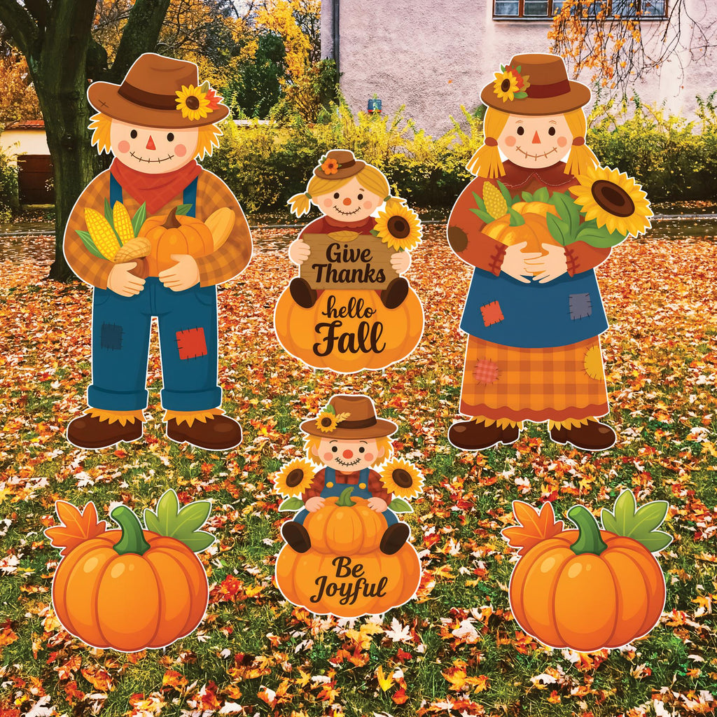 Scarecrow Family Yard Decorations, Fall Pumpkin Porch Sign Set, Outdoor Thanksgiving Lawn Stakes, Hello Fall Give Thanks Autumn Decor
