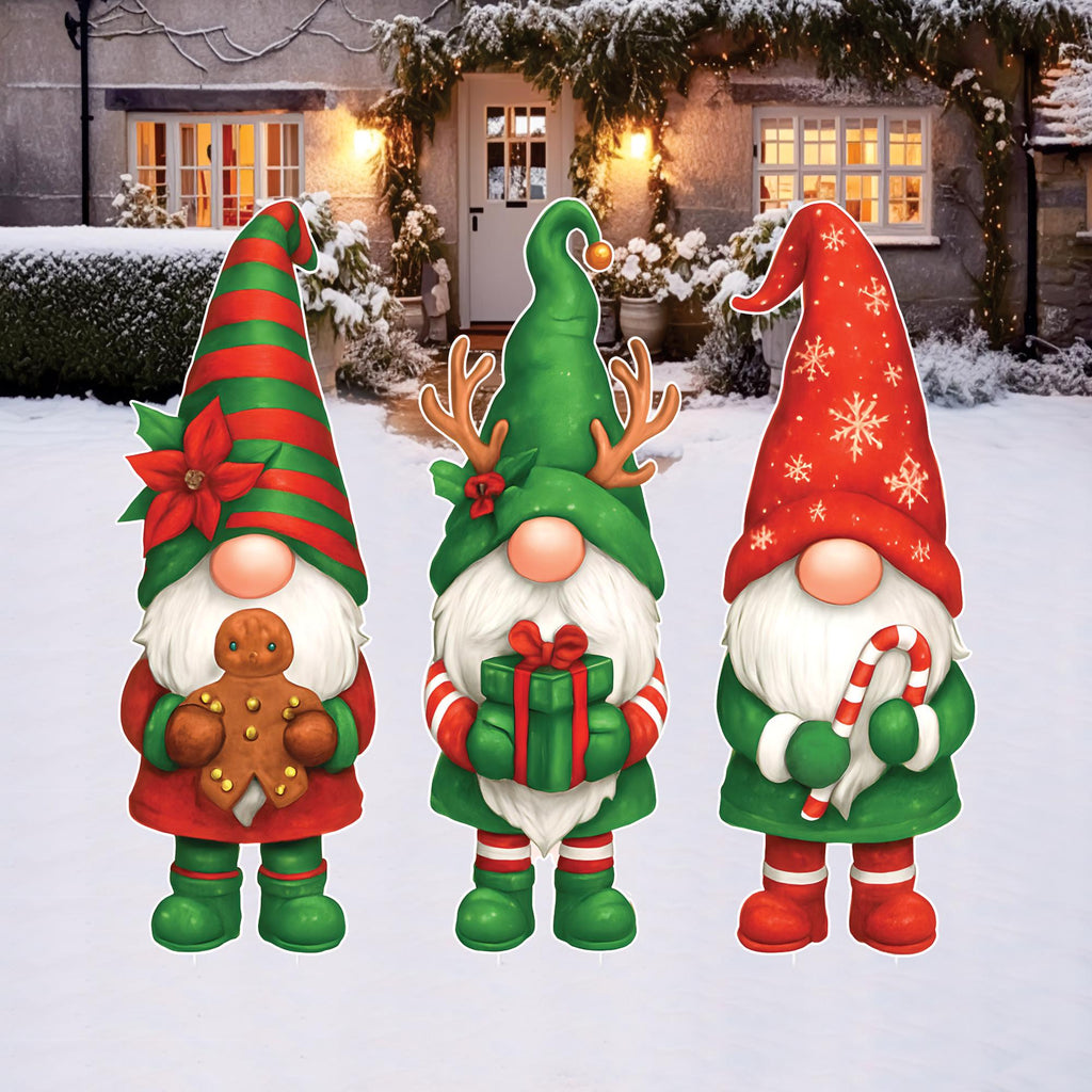 Christmas Gnome Yard Decorations, Outdoor Holiday Lawn Signs with Gingerbread Candy Cane Present, Xmas Porch Garden Decor with Stakes