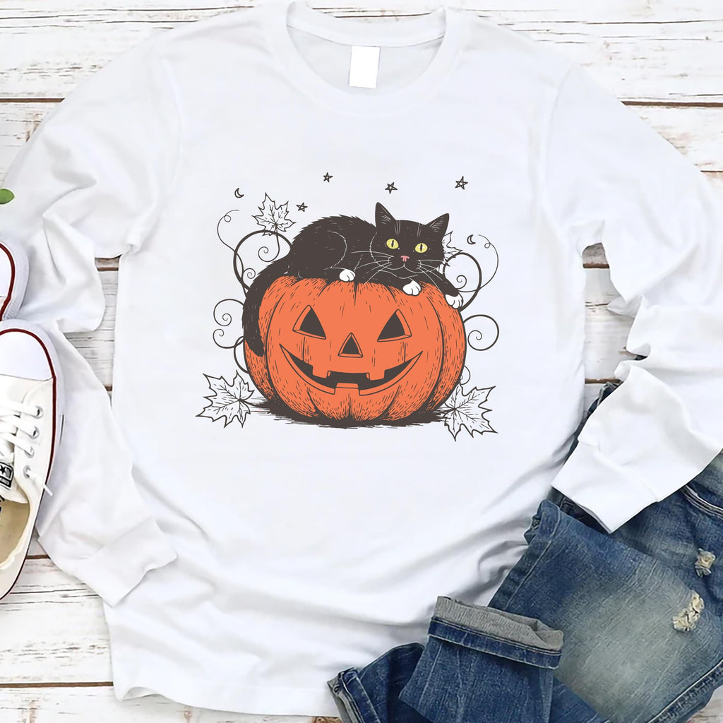 Cute Halloween Black Cat Long Sleeve Shirt
