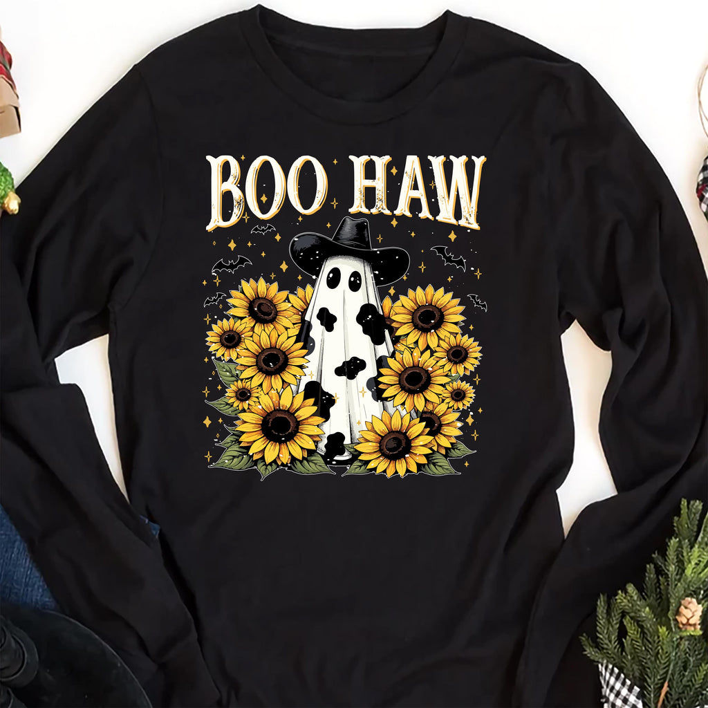 Boo Haw Long Sleeve Shirt, Cow Spot Ghost Western Halloween Tee