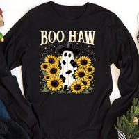 Boo Haw Long Sleeve Shirt, Cow Spot Ghost Western Halloween Tee