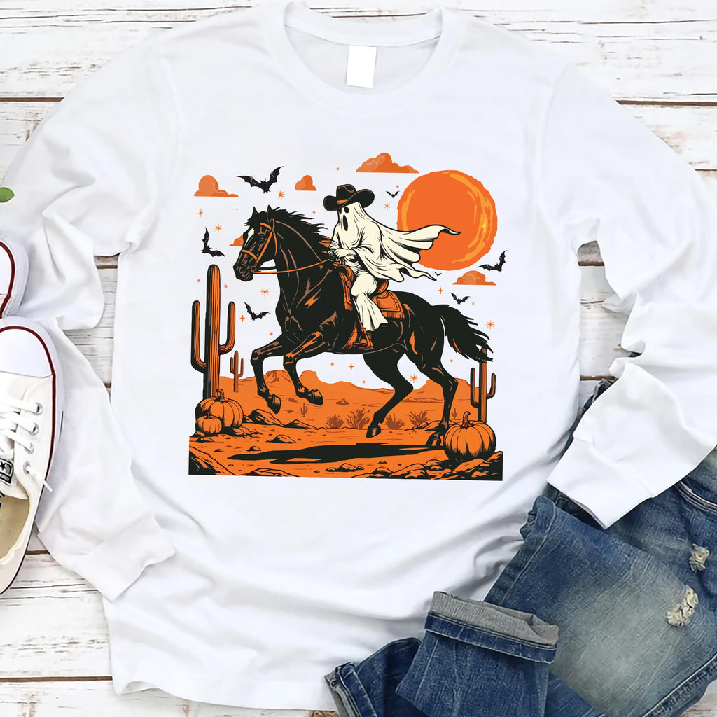 Retro Halloween Long Sleeve Shirt, Trendy Ghost and Bats Spooky Season Tee