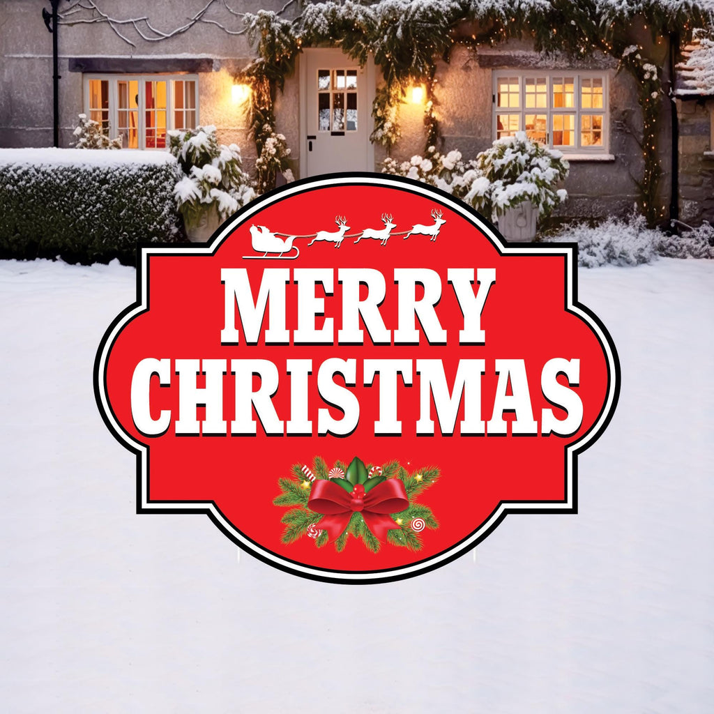 Merry Christmas Yard Sign, Outdoor Holiday Lawn Decoration with Stakes, Red Christmas Plaque Waterproof Garden Patio Walkway Xmas Décor