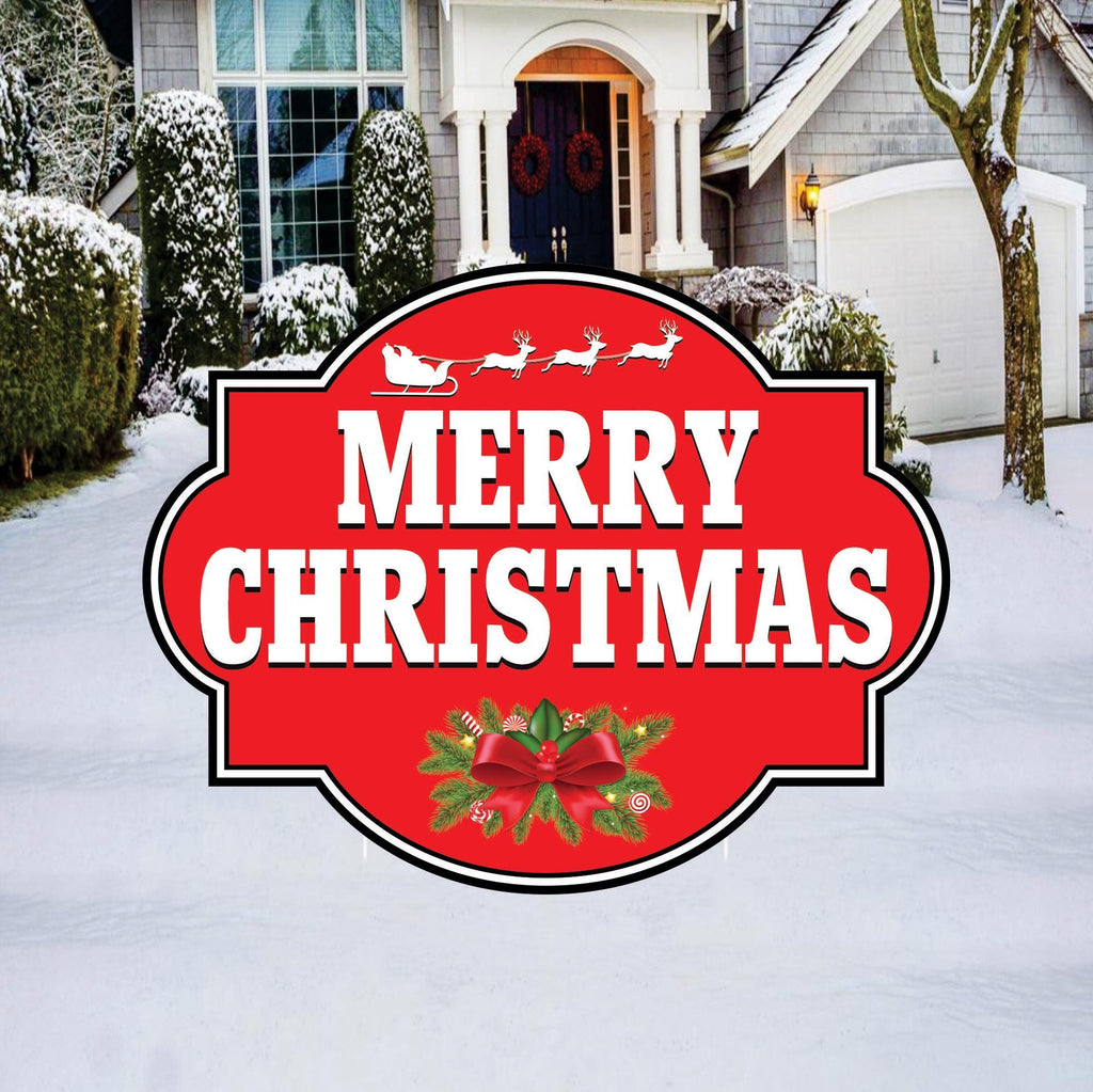 Merry Christmas Yard Sign, Outdoor Holiday Lawn Decoration with Stakes, Red Christmas Plaque Waterproof Garden Patio Walkway Xmas Décor