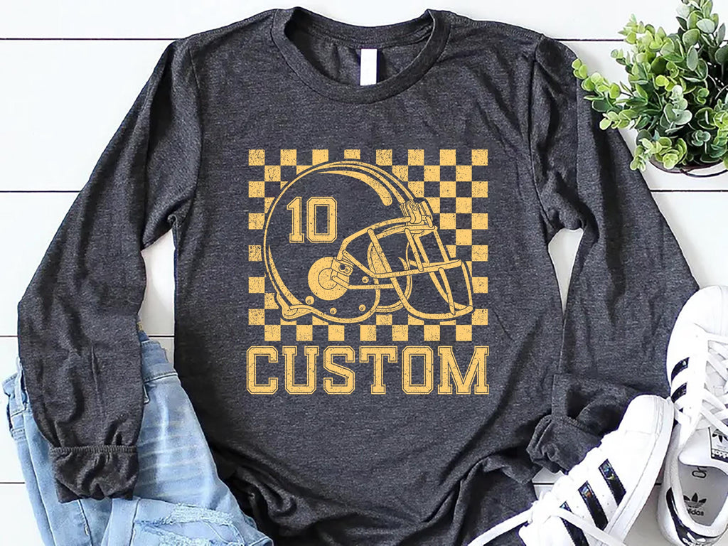 Custom Checkered Football Name and Number Long Sleeve Shirt, Personalized Football Player Gift Tee
