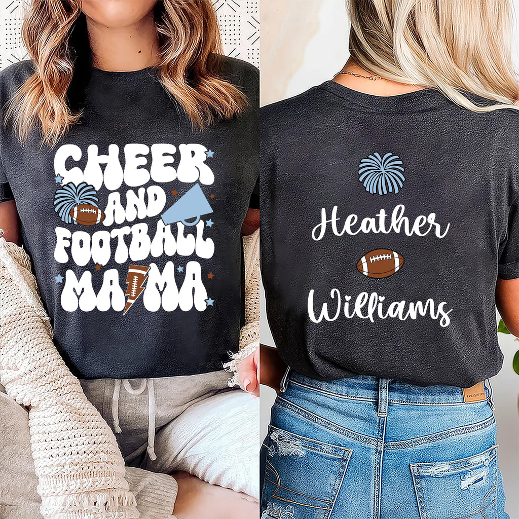 Cheer and Football Mom Shirt, Custom Football and Cheer Mom Shirt, Cheer Mama Tee, Front Back