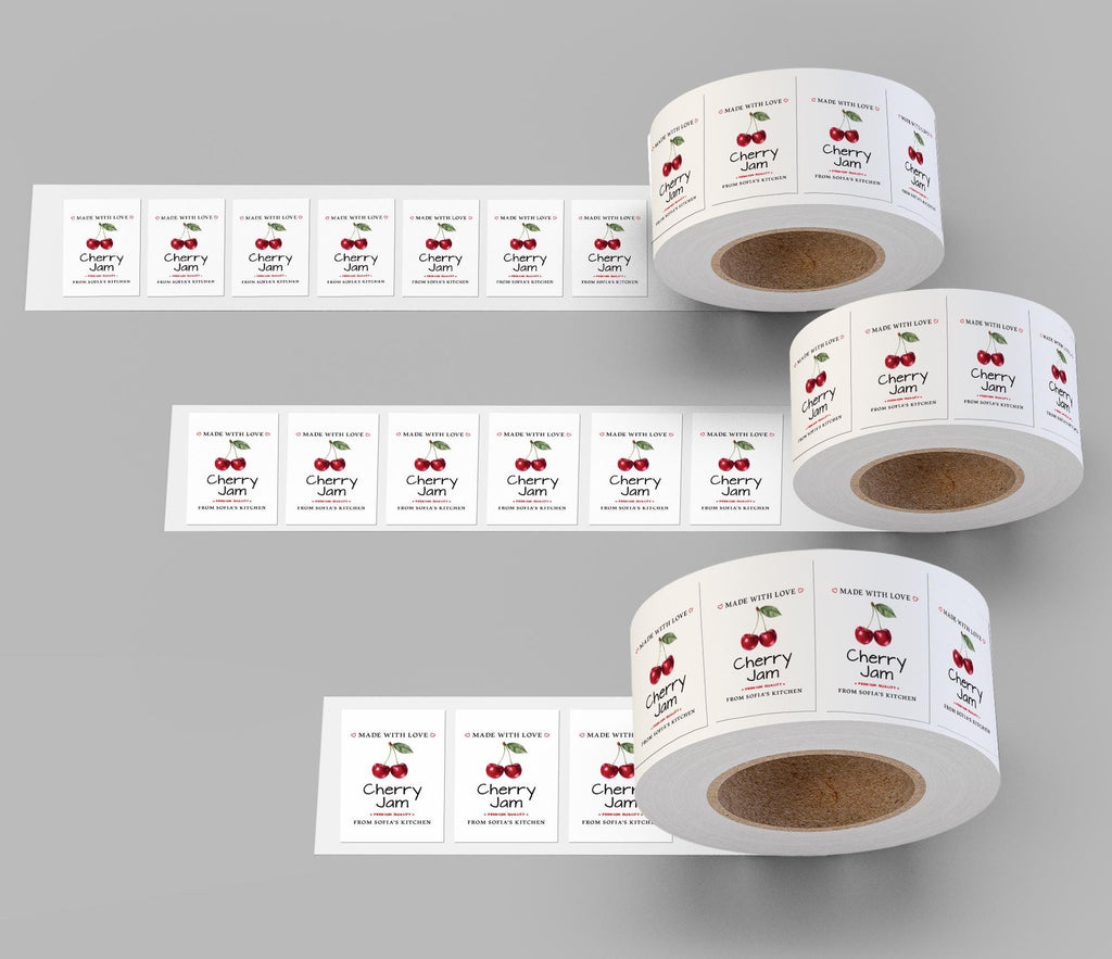 Personalized Cherry Jam Roll Labels, Custom Cherry Jam Product Stickers, Business Cherry Jam Labels for Jars, Canning, Lid Stickers