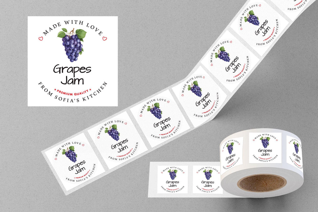 Personalized Grape Jam Roll Labels, Custom Grape Jelly Product Stickers, Business Grape Jelly Labels for Jars, Canning, Lid Stickers