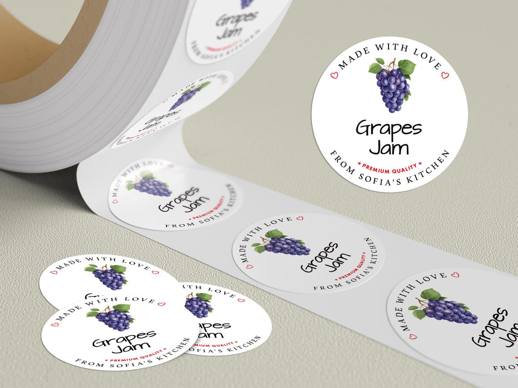 Personalized Grape Jam Roll Labels, Custom Grape Jelly Product Stickers, Business Grape Jelly Labels for Jars, Canning, Lid Stickers