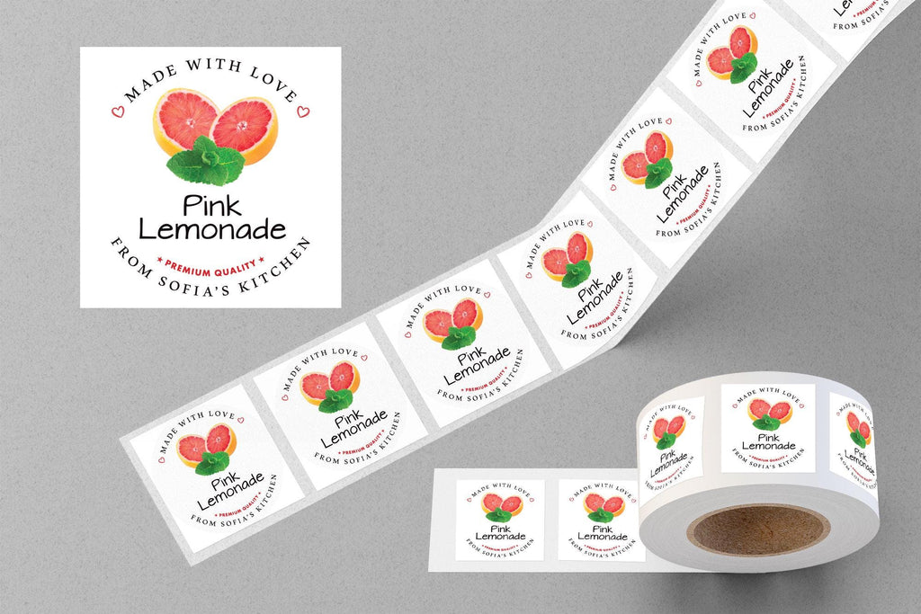 Personalized Pink Lemonade Roll Labels, Custom Pink Lemonade Product Stickers, Business Labels for Bottles & Jars, Canning, Lid Stickers