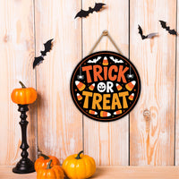 Trick or Treat Halloween Door Sign 12", Candy Corn Porch Hanging Round Sign, Spooky Front Door Wall Decor for Indoor Outdoor Parties