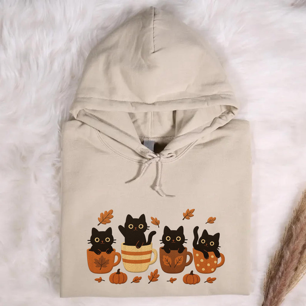 Halloween Black Cat Embroidered Hoodie, Pumpkin Fall Hoodie, Cute Spooky Shirt, Autumn Long Sleeve Shirt, Cat & Coffee Lover Gift