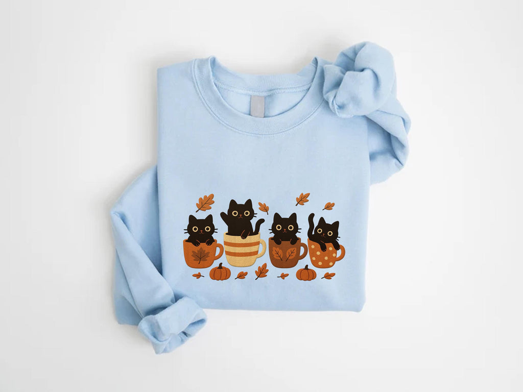 Halloween Black Cat Embroidered Sweatshirt, Pumpkin Fall Hoodie, Cute Spooky Shirt, Autumn Long Sleeve Shirt, Cat & Coffee Lover Gift