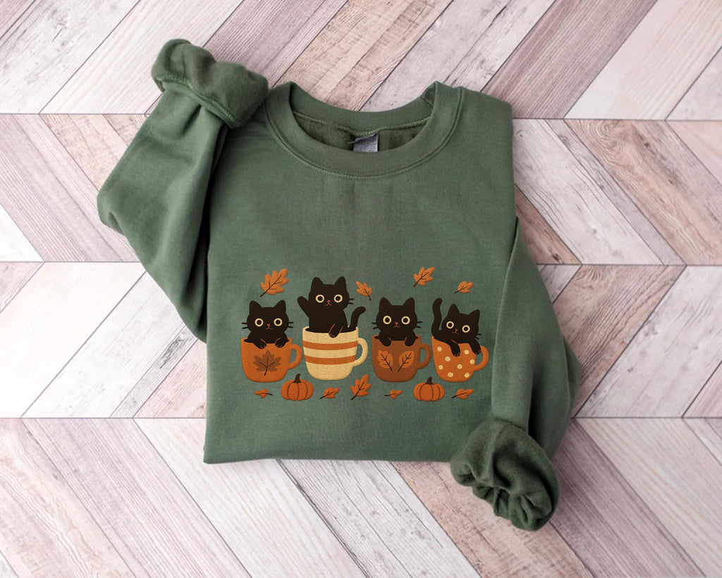 Halloween Black Cat Embroidered Sweatshirt, Pumpkin Fall Hoodie, Cute Spooky Shirt, Autumn Long Sleeve Shirt, Cat & Coffee Lover Gift