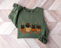 Halloween Black Cat Embroidered Sweatshirt, Pumpkin Fall Hoodie, Cute Spooky Shirt, Autumn Long Sleeve Shirt, Cat & Coffee Lover Gift