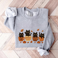 Halloween Black Cat Embroidered Sweatshirt, Pumpkin Fall Hoodie, Cute Spooky Shirt, Autumn Long Sleeve Shirt, Cat & Coffee Lover Gift