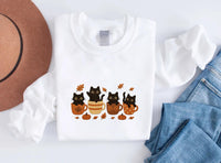 Halloween Black Cat Embroidered Sweatshirt, Pumpkin Fall Hoodie, Cute Spooky Shirt, Autumn Long Sleeve Shirt, Cat & Coffee Lover Gift
