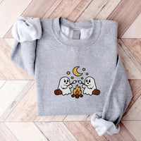 Cute Ghosts Camping Embroidered Sweatshirt, Spooky Season Hoodie, Halloween Shirt, Vintage Ghost Long Sleeve Shirt, Outdoors Fall Gift