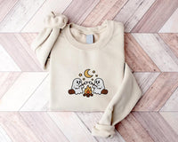 Cute Ghosts Camping Embroidered Sweatshirt, Spooky Season Hoodie, Halloween Shirt, Vintage Ghost Long Sleeve Shirt, Outdoors Fall Gift