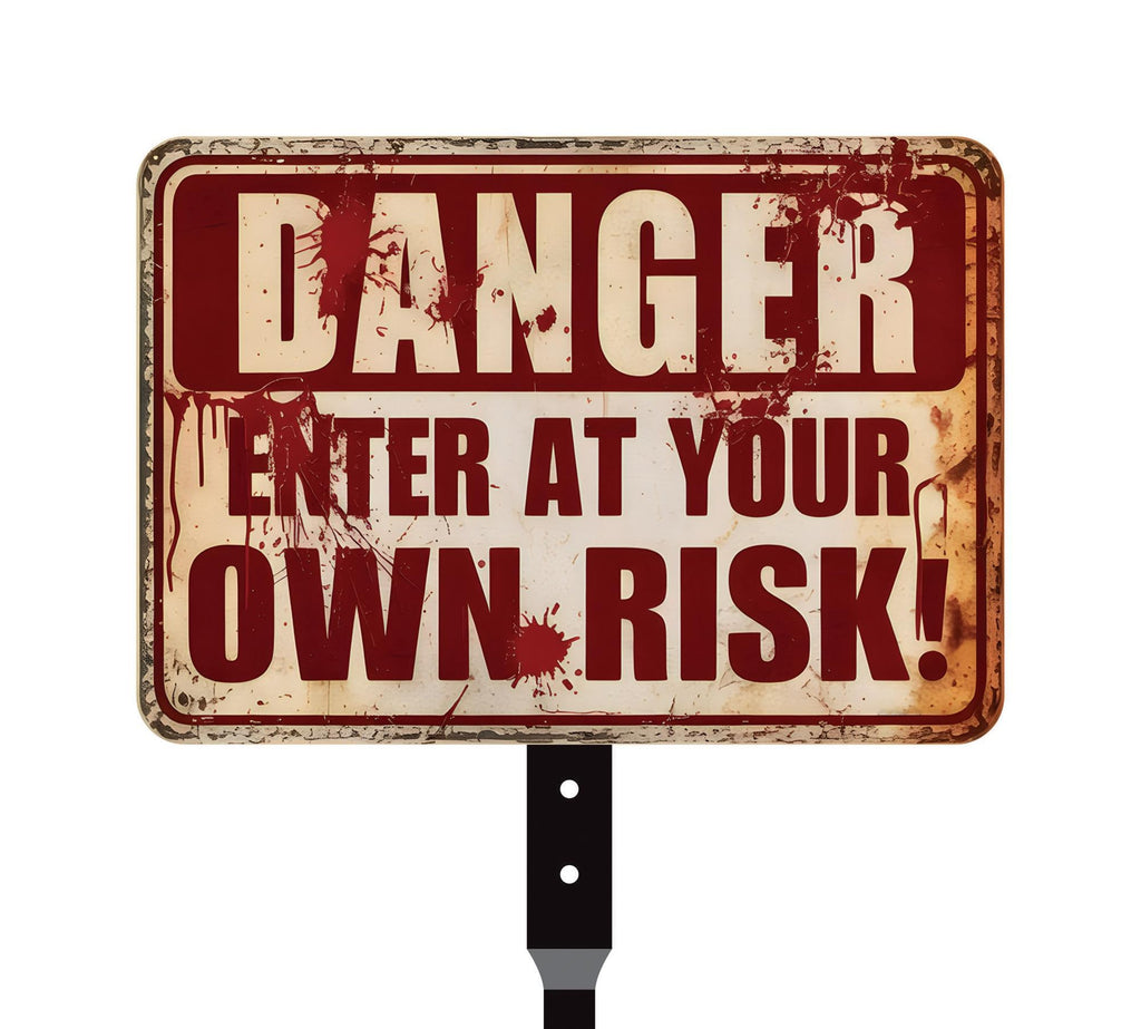 Halloween Enter at Your Own Risk Yard Sign with 16" Stake, Scary Bloody Rust-Free Aluminum Horror Sign, Outdoor Haunted House Party Decor