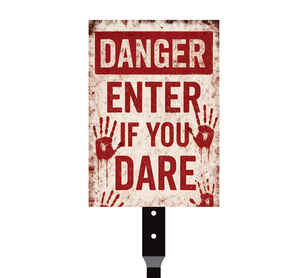 Danger Enter If You Dare Halloween Yard Sign with 16" Stake, Rust-Free Aluminum Scary Garden Decoration, Outdoor Haunted House Warning Sign